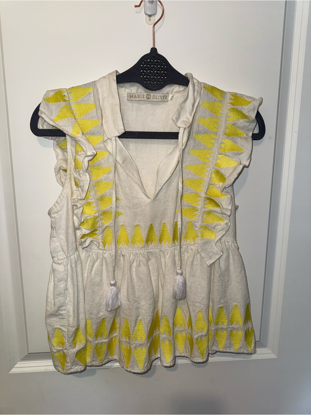Marie Oliver White Tunic Top with Yellow Embroidery
